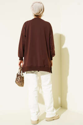 Yan Yırtmaçlı Kurdele Nakış Detaylı Tunik Kahve - Tunik