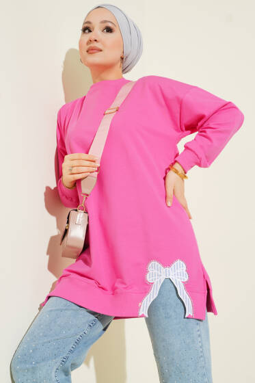 Yan Yırtmaçlı Kurdele Nakış Detaylı Tunik Pembe - Tunik