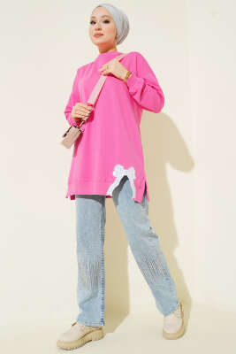 Yan Yırtmaçlı Kurdele Nakış Detaylı Tunik Pembe - Tunik