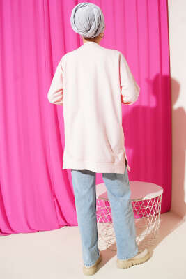 Yan Yırtmaçlı Kurdele Nakış Detaylı Tunik Pudra - Tunik