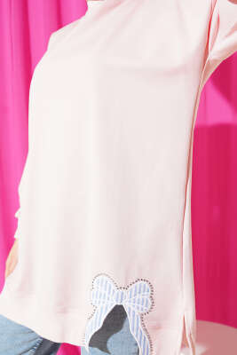 Yan Yırtmaçlı Kurdele Nakış Detaylı Tunik Pudra - Tunik