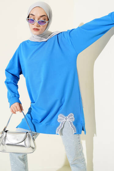 Yan Yırtmaçlı Kurdele Nakış Detaylı Tunik Saks - Tunik