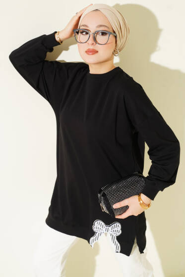 Yan Yırtmaçlı Kurdele Nakış Detaylı Tunik Siyah - Tunik