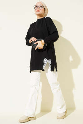 Yan Yırtmaçlı Kurdele Nakış Detaylı Tunik Siyah - Tunik