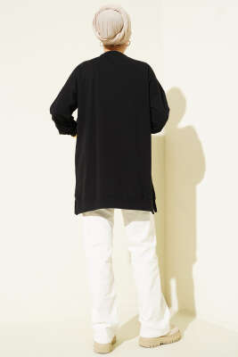 Yan Yırtmaçlı Kurdele Nakış Detaylı Tunik Siyah - Tunik