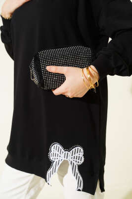 Yan Yırtmaçlı Kurdele Nakış Detaylı Tunik Siyah - Tunik