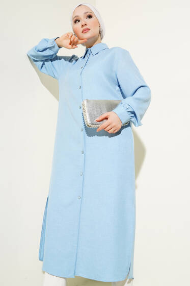 Yan Yırtmaçlı Uzun Basic Gömlek Mavi - Gömlek