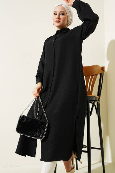 Yan Yırtmaçlı Uzun Basic Gömlek Siyah - Gömlek