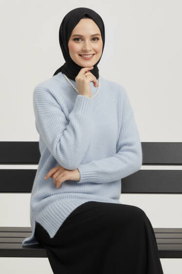 Yan Yırtmaçlı Yumoş Triko Kazak Bebe Mavi - Triko Kazak