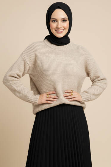 Yan Yırtmaçlı Yumoş Triko Kazak Camel - Triko Kazak