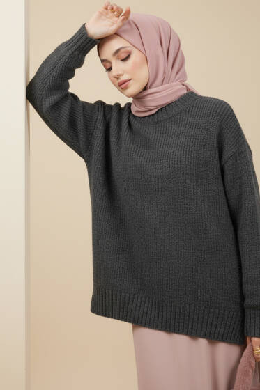 Yan Yırtmaçlı Yumoş Triko Kazak Füme - Triko Kazak