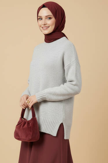 Yan Yırtmaçlı Yumoş Triko Kazak Gri - Triko Kazak