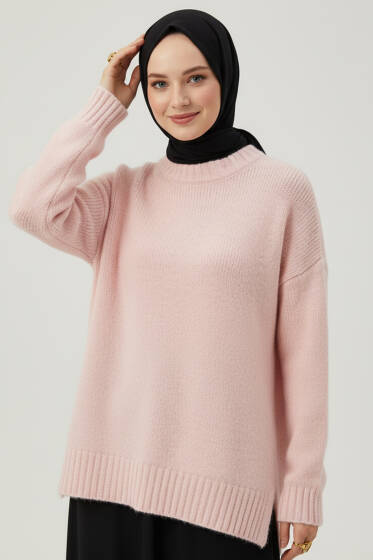 Yan Yırtmaçlı Yumoş Triko Kazak Pembe - Triko Kazak
