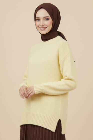 Yan Yırtmaçlı Yumoş Triko Kazak Sarı - Triko Kazak