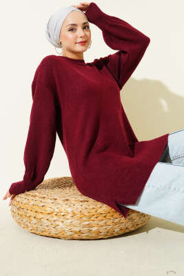 Yan Yırtmaçlı Yumoş Uzun Triko Tunik Bordo - KILIÇ TRİKO