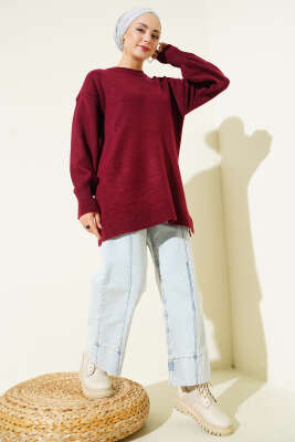 Yan Yırtmaçlı Yumoş Uzun Triko Tunik Bordo - Tunik