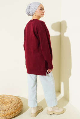 Yan Yırtmaçlı Yumoş Uzun Triko Tunik Bordo - Tunik