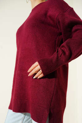 Yan Yırtmaçlı Yumoş Uzun Triko Tunik Bordo - Tunik