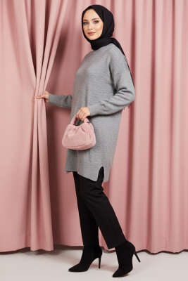Yan Yırtmaçlı Yumoş Uzun Triko Tunik Gri - 300-500 TL Ürünler
