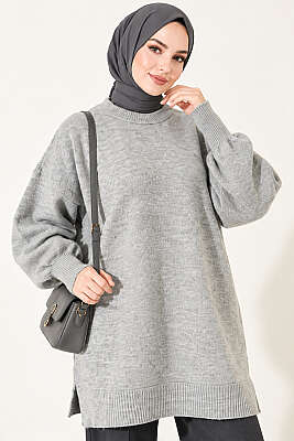 Yan Yırtmaçlı Yumoş Uzun Triko Tunik Gri - 300-500 TL Ürünler