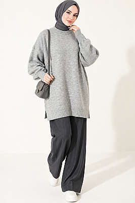 Yan Yırtmaçlı Yumoş Uzun Triko Tunik Gri - 300-500 TL Ürünler