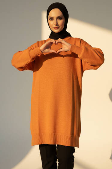Yan Yırtmaçlı Yumoş Uzun Triko Tunik Oranj - Tunik