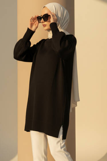 Yan Yırtmaçlı Yumoş Uzun Triko Tunik Siyah - Tunik