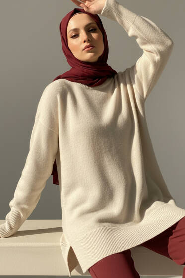 Yan Yırtmaçlı Yumoş Uzun Triko Tunik Taş - Tunik