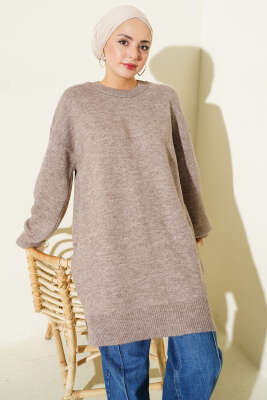 Yan Yırtmaçlı Yumoş Uzun Triko Tunik Vizon 