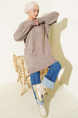 Yan Yırtmaçlı Yumoş Uzun Triko Tunik Vizon - Tunik