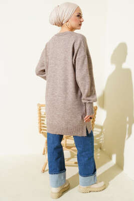 Yan Yırtmaçlı Yumoş Uzun Triko Tunik Vizon - Tunik