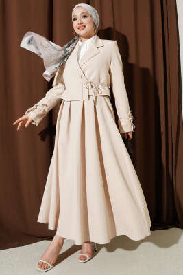 Yandan Bağcıklı Ceketli Etekli İkili Takım Bej - MD TREND