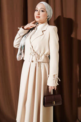 Yandan Bağcıklı Ceketli Etekli İkili Takım Bej - İkili Takım