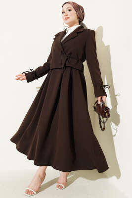 Yandan Bağcıklı Ceketli Etekli İkili Takım Kahve - MD TREND