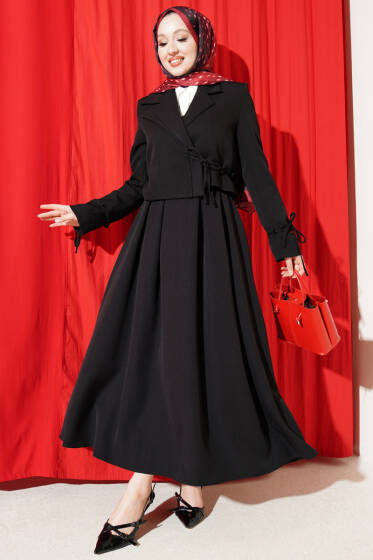 Yandan Bağcıklı Ceketli Etekli İkili Takım Siyah - İkili Takım