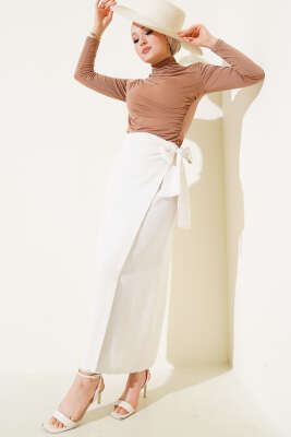 Yandan Bağcıklı Keten Etek Bej - Uzun Etek