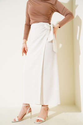 Yandan Bağcıklı Keten Etek Bej 