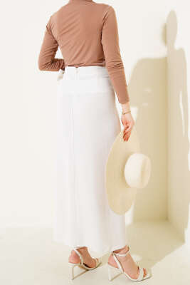 Yandan Bağcıklı Keten Etek Bej - Uzun Etek
