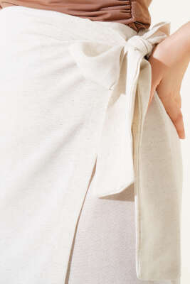 Yandan Bağcıklı Keten Etek Bej - Uzun Etek