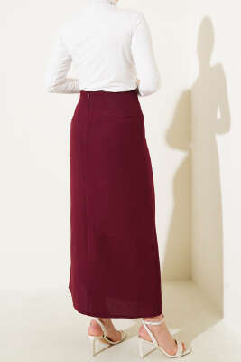Yandan Bağcıklı Keten Etek Bordo - Uzun Etek