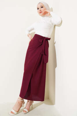 Yandan Bağcıklı Keten Etek Bordo - Uzun Etek