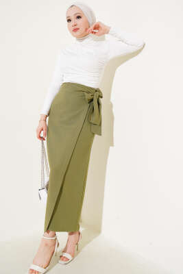 Yandan Bağcıklı Keten Etek Çağla Yeşili - Uzun Etek