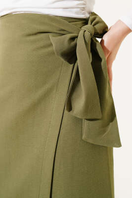 Yandan Bağcıklı Keten Etek Çağla Yeşili - Uzun Etek