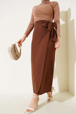 Yandan Bağcıklı Keten Etek Kahve 