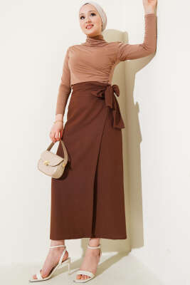 Yandan Bağcıklı Keten Etek Kahve - Uzun Etek