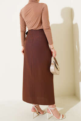 Yandan Bağcıklı Keten Etek Kahve - Uzun Etek