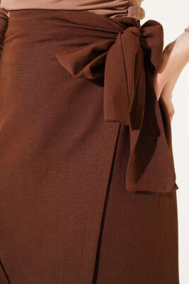 Yandan Bağcıklı Keten Etek Kahve - Uzun Etek