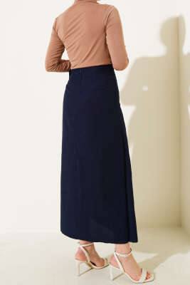 Yandan Bağcıklı Keten Etek Lacivert - Uzun Etek