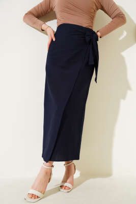 Yandan Bağcıklı Keten Etek Lacivert 