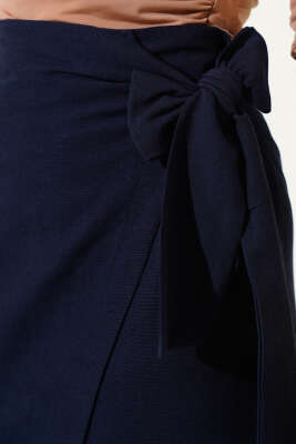 Yandan Bağcıklı Keten Etek Lacivert - Uzun Etek